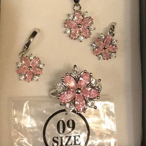925 Sterling Silver Necklace Cherry Flower Pink CZ Pendant 18" Chain Box